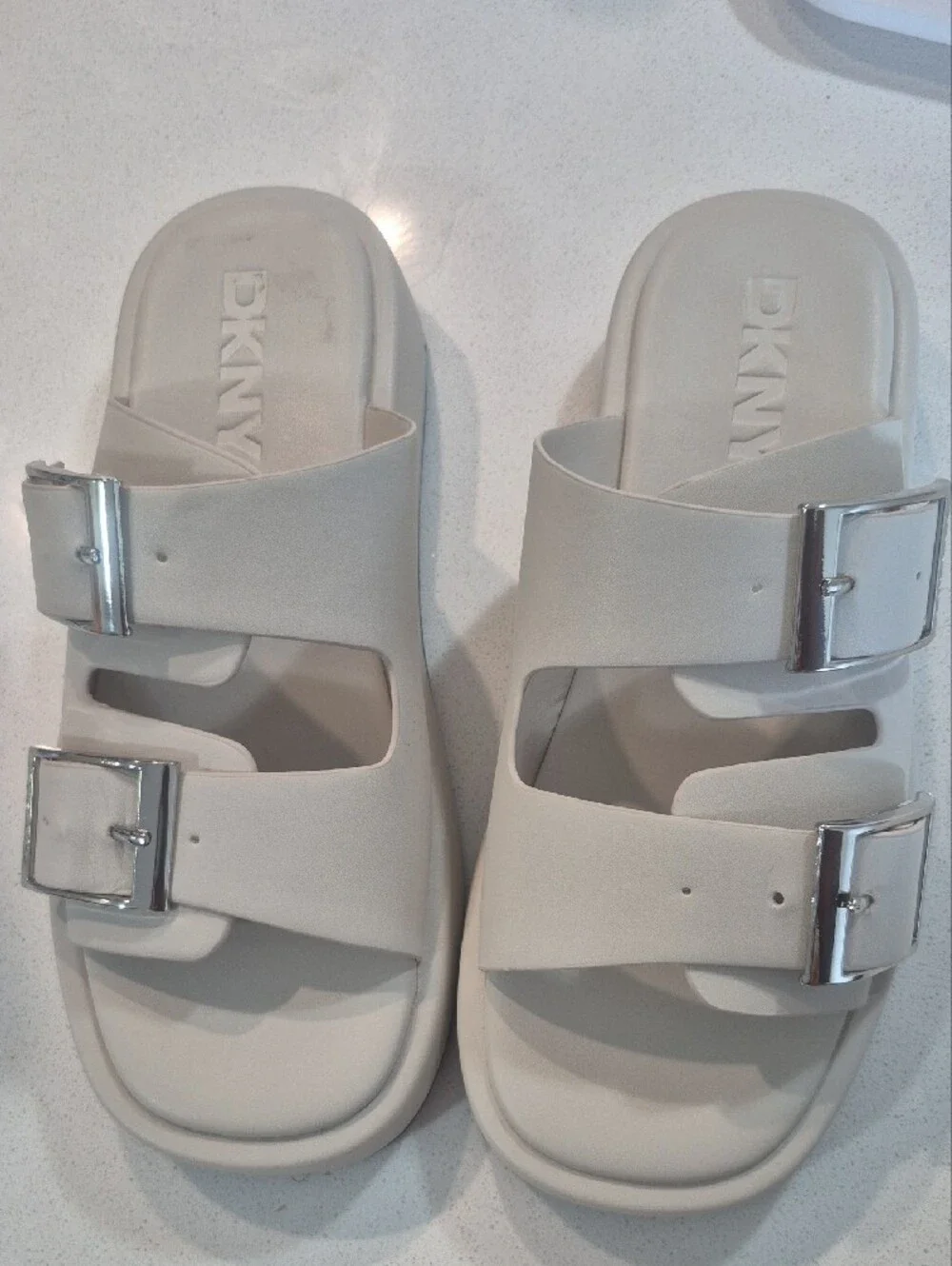 DKNY White Double-Buckle Slide Sandals with Silver Buckles